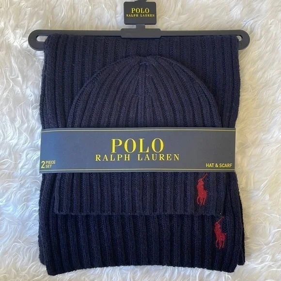 Brand New Polo Ralph Lauren 2-Piece Wool Hat & Scarf Set Navy Blue Deep Red Pony